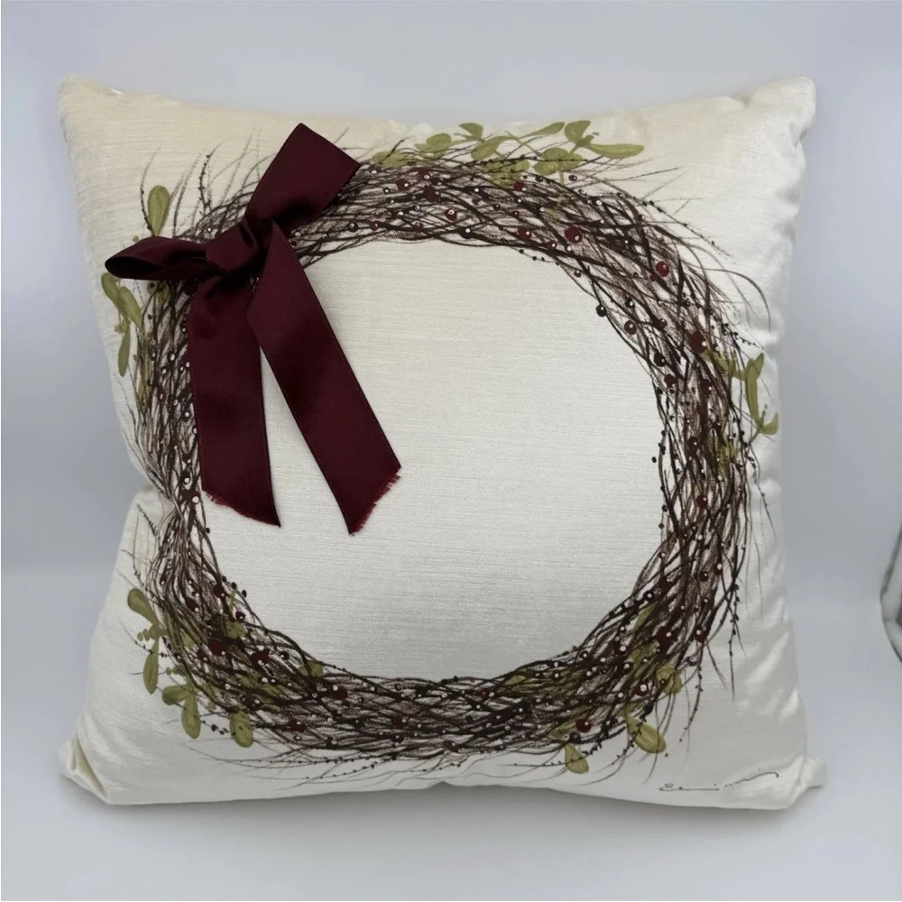 Hand Painted Wreath Pillow white w/Red Bow 22x22” By Eastern Accents- Studio 773